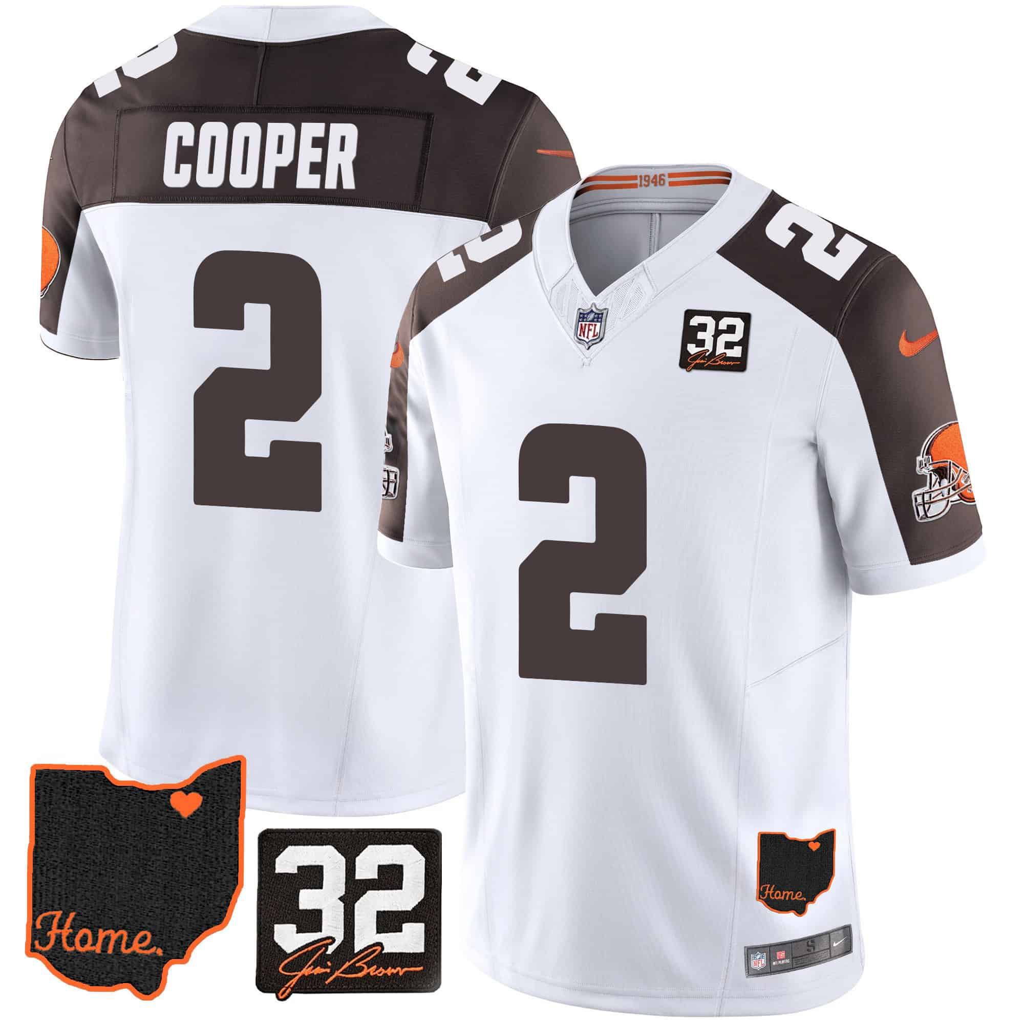 Men Cleveland Browns 2 Cooper White Memorial Home Patch 2024 Nike NFL Jersey style 1